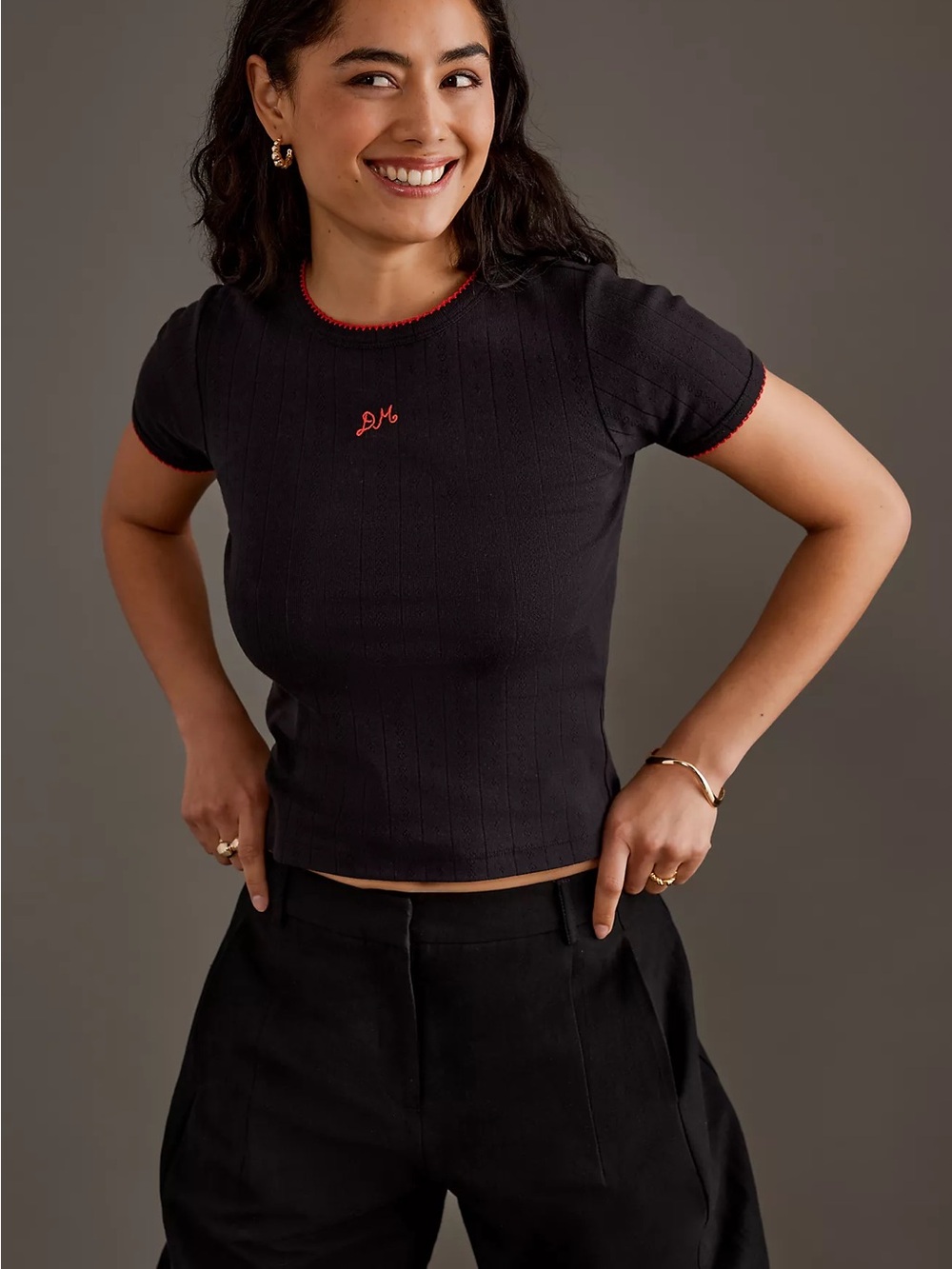 Damson Madder Ribbed Black Short Sleeve Tee with Red Trim